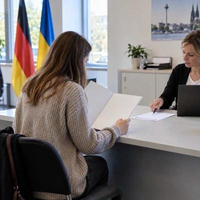 Applicant discussing temporary-protection documents with a German authority employee