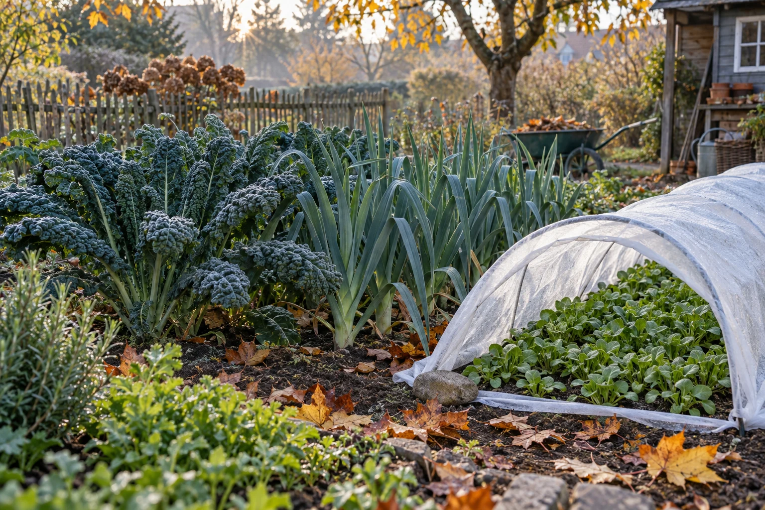 Colture invernali sull’aiuola di ottobre Verdure invernali e cavoli sotto una protezione leggera su un’aiuola di ottobre