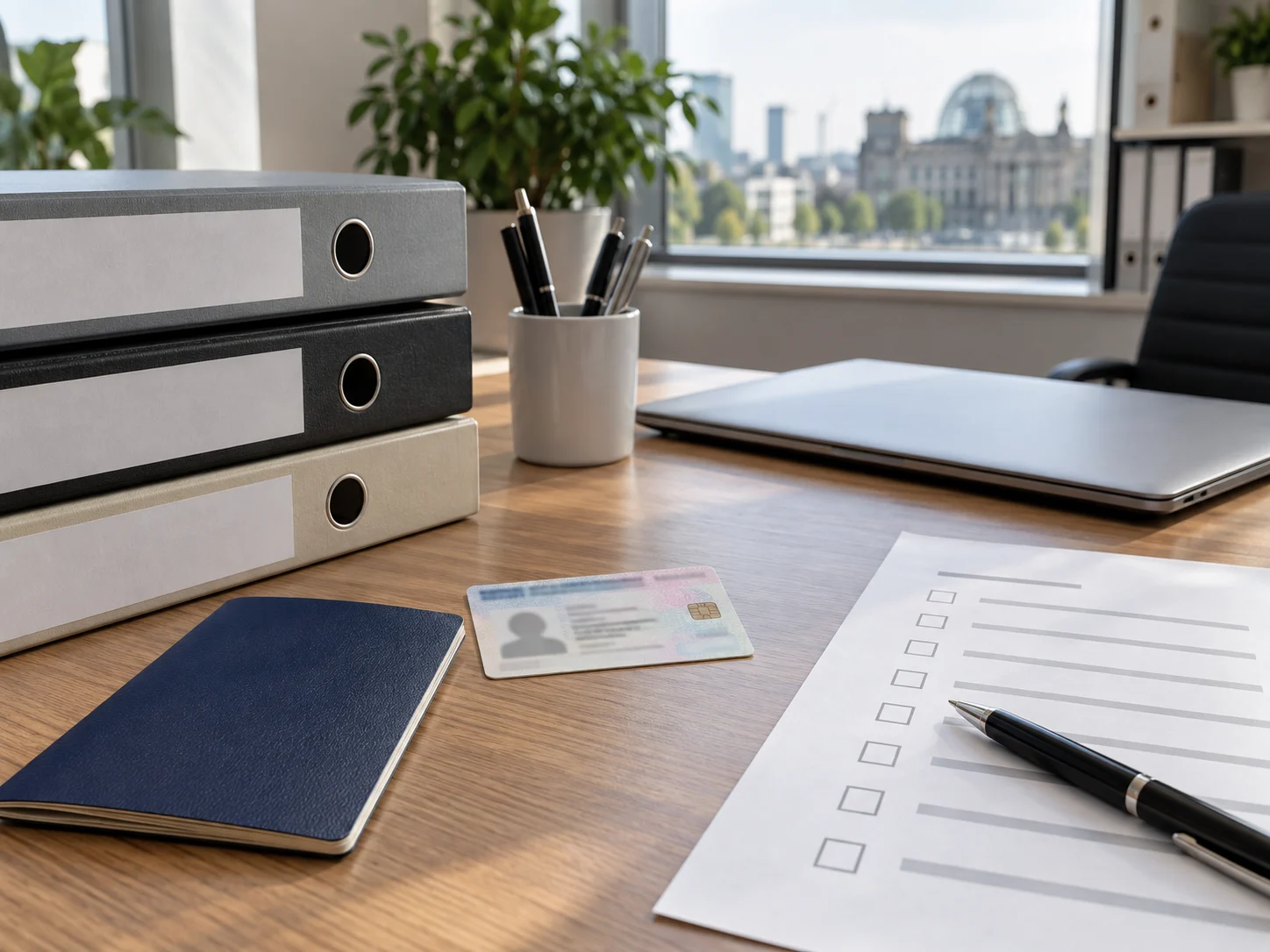Anonymised folders, a closed passport, a residence card and a document checklist on a desk