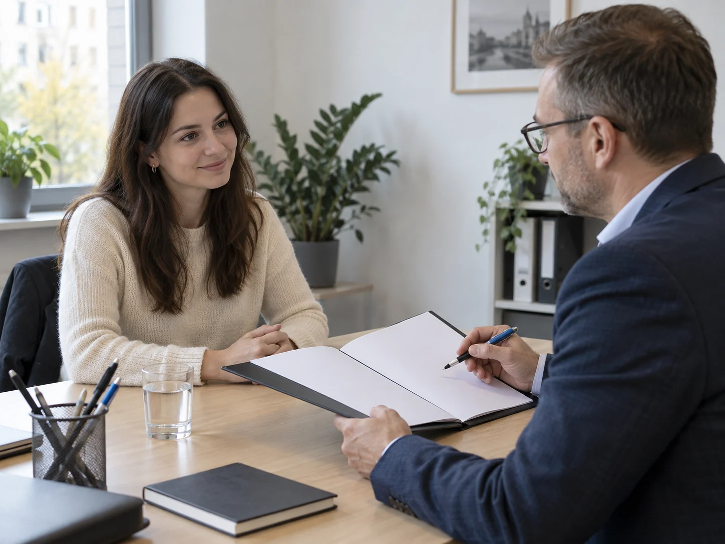 A job seeker and employer discuss an anonymised employment contract at an interview