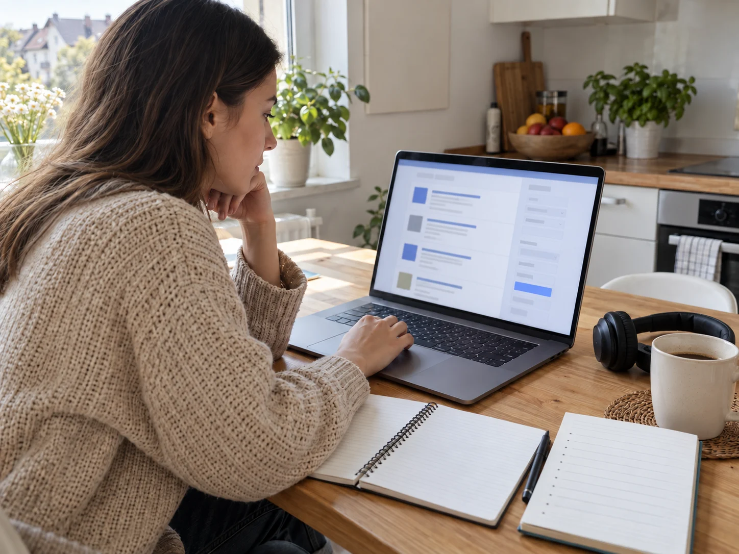 A job seeker compares vacancies on a laptop with search filters and writes down next steps